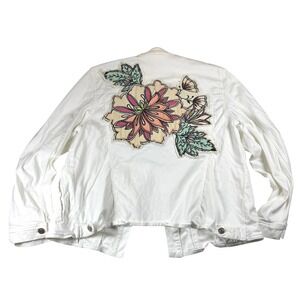 Chico's Women's Floral Embroidered Denim Jacket White‎ Size 3